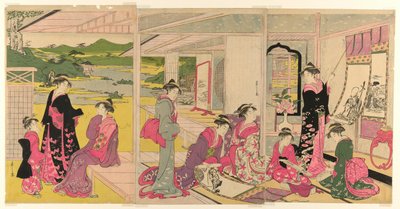 Mujeres viendo pinturas en pergamino de los dioses de la buena fortuna de Chobunsai Eishi