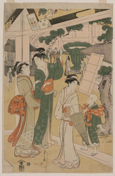 Mujeres visitando un puesto de té en los recintos de un templo de Chobunsai Eishi