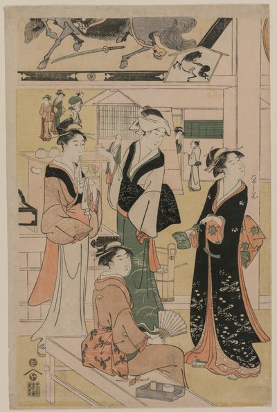 Mujeres visitando un puesto de té en los alrededores de un templo, principios de la década de 1790 de Chobunsai Eishi