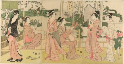 Mujeres viendo dragón y tigre hechos de bolsas de tabaco de Chobunsai Eishi