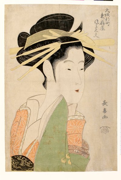 Retrato de la cortesana Tsukasa Dayu de Higashi Ogiya dans le quartier Shinmachi de Osaka --Estampe de Eishosai Choki (actif vers 1780-1809), vers 1800, linograbado --Tsukasa Dayu de Higashi Ogiya en el distrito Shinmachi de Osaka --Linograbado en color po de Choki Eishusai