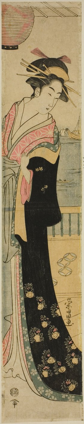 Mujeres de pie en la veranda junto a un río de Chokosai Eisho