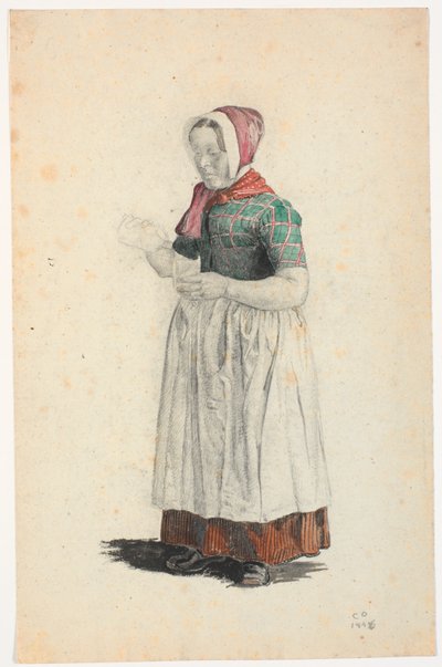 Mujer campesina de pie, sirviendo en un vaso de Christen Dalsgaard