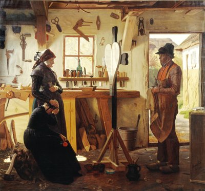 Dos mujeres visitan al artista del pueblo para ver la cruz funeraria encargada de Christen Dalsgaard