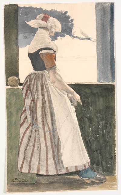 Joven Tejiendo en Sallingdragt, Mirando por una Ventana de Christen Dalsgaard