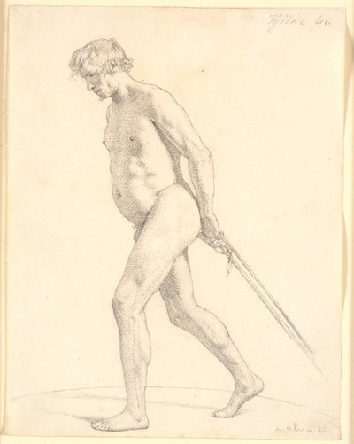 Modelo masculino de academia caminando, tirando de cuerdas de Christen Købke