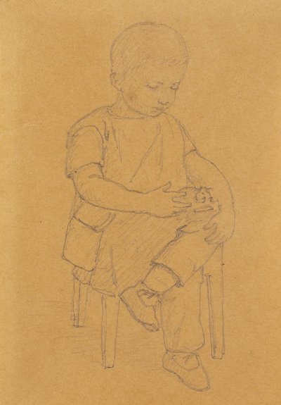 El hijo del artista Peter, figura completa, sentado con un animal o un juguete de Christen Købke