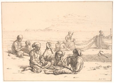 Niños pescadores napolitanos jugando a las cartas. Varios pescadores ocupados con sus redes. En el fondo se ve Capri de Christen Købke