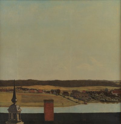 Cresta del techo del castillo de Frederiksborg con vista del lago, la ciudad y el bosque de Christen Købke