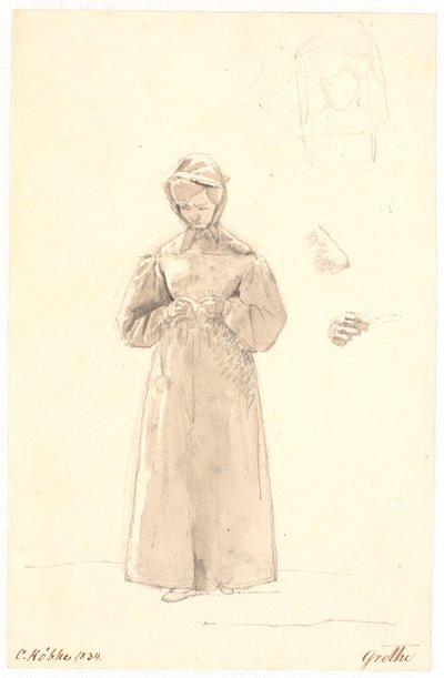 Estudio de la hermana del artista Cecilie Margrethe, a la derecha dos bocetos de su cabeza y bocetos de su cuello y hombro y de su mano derecha de Christen Købke