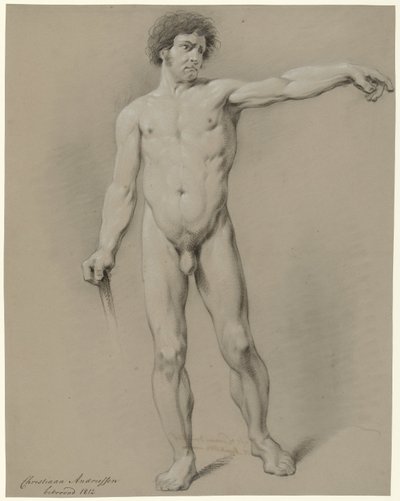 Hombre desnudo de pie, de frente, con el brazo izquierdo extendido hacia la izquierda de Christiaan Andriessen