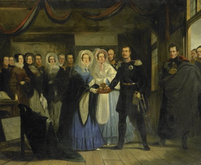 La Princesa de Orange recibiendo a Alejandro II (1818-1881), Gran Duque y Heredero del Trono de Rusia, en la Casa del Zar Pedro en Zaandam, 17 de abril de 1839 de Christiaan Julius Lodewijk Portman