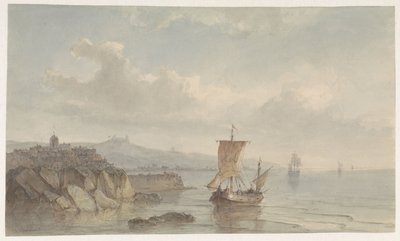 Paisaje costero con puerto y barcos en el agua de Christiaan Lodewijk Willem Dreibholtz