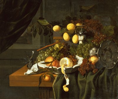 Un limón pelado, naranjas y uvas en un plato (aceite) de Christiaan Luykx or Luycks