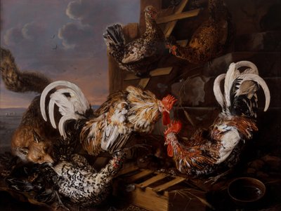 Una escena de corral con un zorro atacando a unos bantamanes de Christiaan Luykx or Luycks