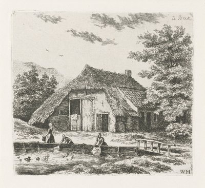 Tres mujeres lavan la ropa en Beek de Christiaan Wilhelmus Moorrees