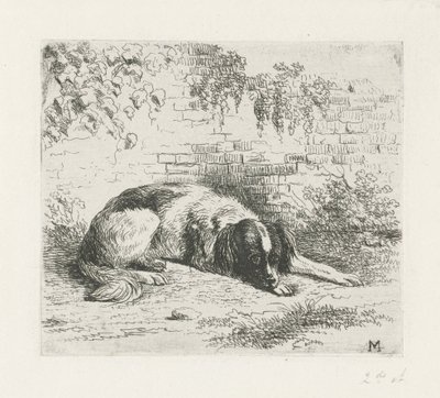 Perro acostado frente a una pared de Christiaan Wilhelmus Moorrees