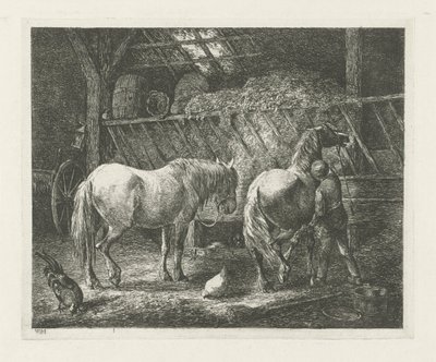 Interior estable con dos caballos de Christiaan Wilhelmus Moorrees
