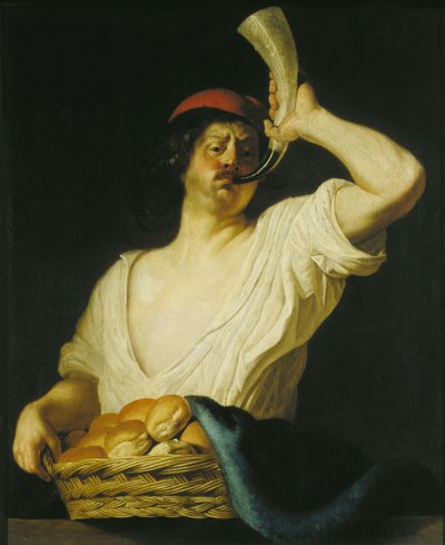 Un panadero tocando su cuerno, 1650 de Christiaen van Couwenbergh