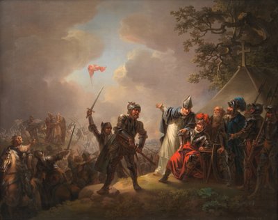 La leyenda de la bandera danesa. El Dannebrog cayendo del cielo durante la batalla de Lyndanise de Christian August Lorentzen