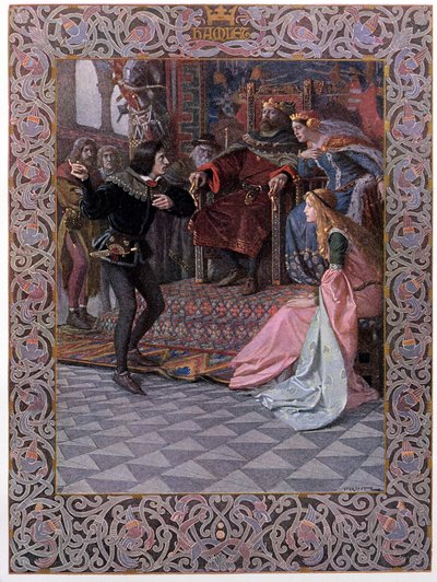 Hamlet ante el Rey Claudio, la Reina Gertrudis y Ofelia, escena de 