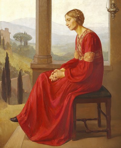 Una mujer con vestido rojo sentada en una terraza en un paisaje italiano de Christian Bang