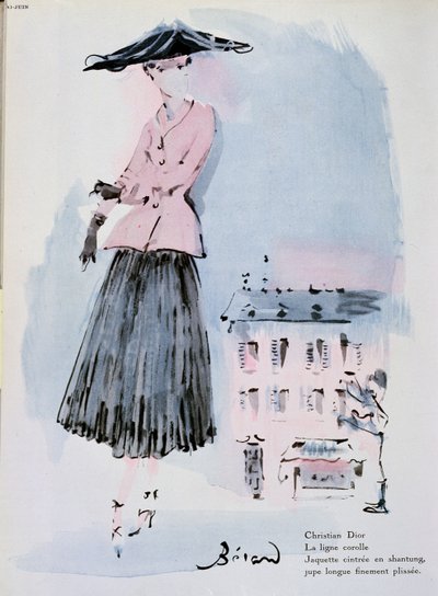Plato de moda de Christian Dior, ilustración de la revista "Vogue", junio de 1947 (grabado en color) de Christian Bérard