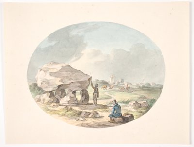 Dolmen fuera de una aldea con una iglesia de Christian David Gebauer
