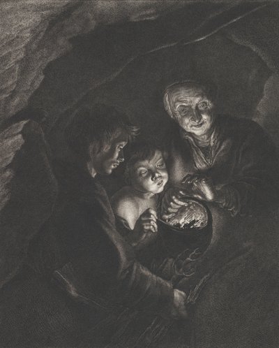Escena nocturna en una cueva con una anciana sosteniendo carbones ardientes en una olla, un niño soplando, ca. 1750-57 de Christian Friedrich Boëtius