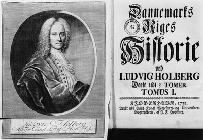 Barón Ludvig Holberg (1684-1754) y la portada del Volumen I de su Historia de Dinamarca, publicada en Copenhague, 1732 de Christian Friedrich Fritzsch