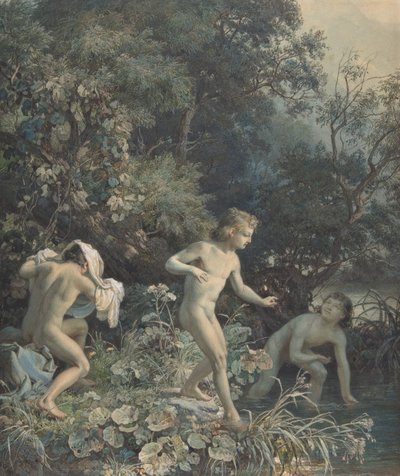 Ribera con Tres Niños Bañándose, siglo XIX de Christian Friedrich Gille