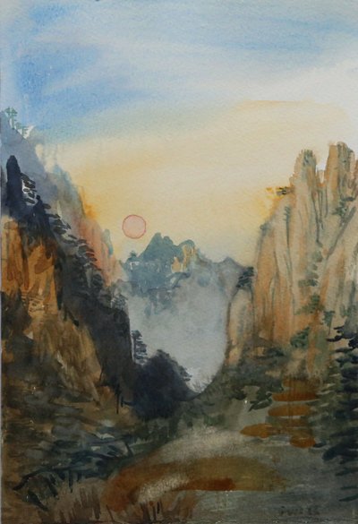 Sol rosa - Montañas amarillas, 2015 (acuarela sobre papel) de Christian Furr