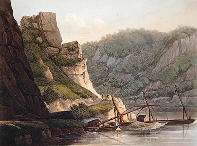 Pesquería de salmón en Lurley, grabado por T. Sutherland, de 
