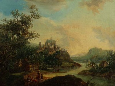 Vista del Rin con figuras en primer plano y una ciudad fortificada en una colina al fondo de Christian Georg II Schutz or Schuz