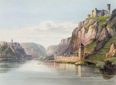 St. Goarshausen, St. Goar y Rheinfels, grabado por T. Sutherland, de 