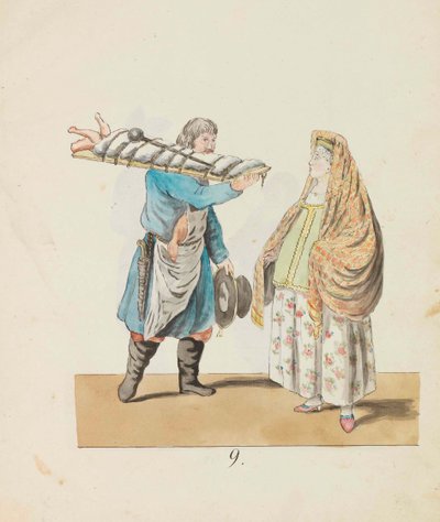 Carnicero con cerdo en la tabla y mujer comerciante De la serie San Petersburgo de Christian Gottfried Heinrich Geissler