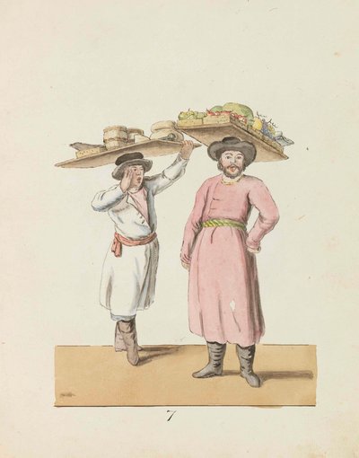 Vendedor de frutas y campesino vendiendo queso y arenque De la serie San Petersburgo..., 1799 de Christian Gottfried Heinrich Geissler