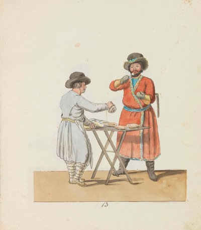 Vendedor de kissel y cochero señorial de la serie Los vendedores ambulantes de San Petersburgo, 1799 de Christian Gottfried Heinrich Geissler
