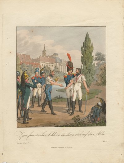 Dos soldados franceses peleando un duelo en una avenida de Christian Gottfried Heinrich Geissler