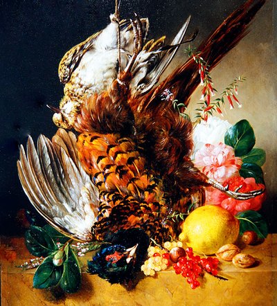 Una naturaleza muerta con frutas, flores y caza de Christian Huygens