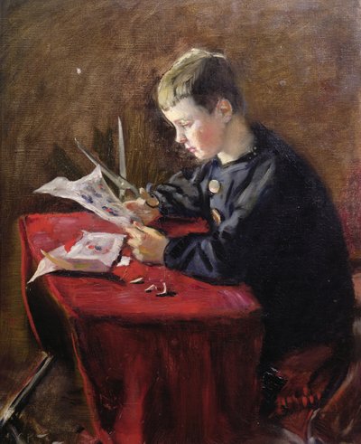 Niño cortando adornos navideños de Christian Krohg