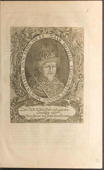 Retrato del Zar Mijaíl I Fiódorovich Ilustración de Viajes al Gran Duque de Moscovia de Christian Lorenzen Rothgiesser