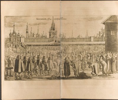 El paseo del burro en el Kremlin de Moscú. Ilustración de Viajes al Gran Duque de Moscovia de Christian Lorenzen Rothgiesser