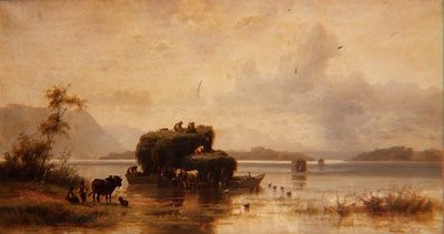 Un paisaje lacustre con campesinos y barcazas de heno de Christian Mali