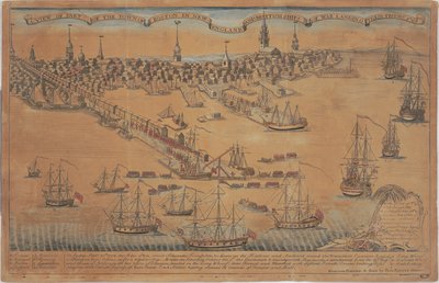 Una vista de parte de la ciudad de Boston en Nueva Inglaterra y de los barcos de guerra británicos desembarcando sus tropas. de Christian Remick