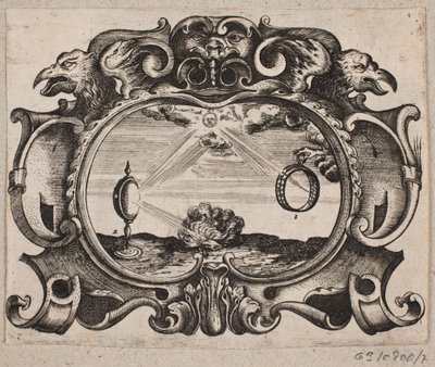 Emblema con sol, brillando a través de un anillo y una lupa, encendiendo una hoguera de Christian Rothgiesser