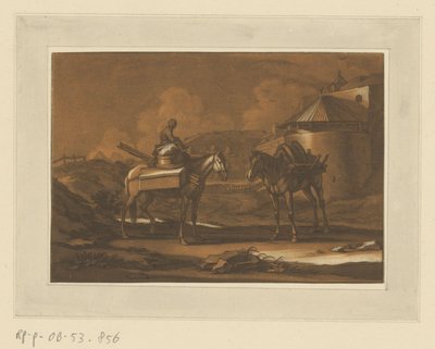Dos caballos llenos fuera de la muralla de la ciudad, sentados en uno de los niños Jinetes, caballos y batallas (título de la serie) de Christian Rugendas