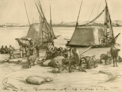Cargando algodón en barcos de grano, Río Nilo, El Cairo, Egipto, 1898 de Christian Wilhelm Allers
