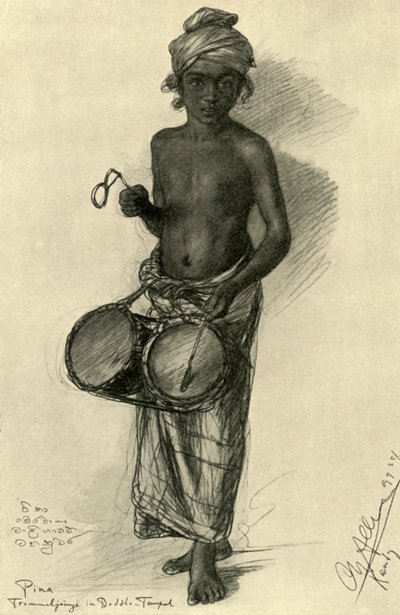 Pina - niño tamborilero en un templo budista, Kandy, Ceilán, 1898 de Christian Wilhelm Allers