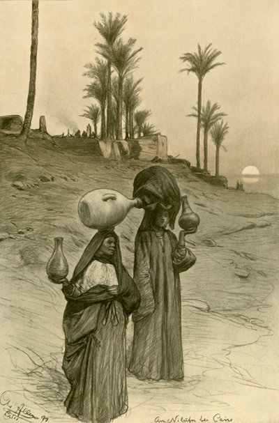 Mujeres llevando cántaros de agua en las orillas del Nilo, El Cairo, Egipto, 1898 de Christian Wilhelm Allers